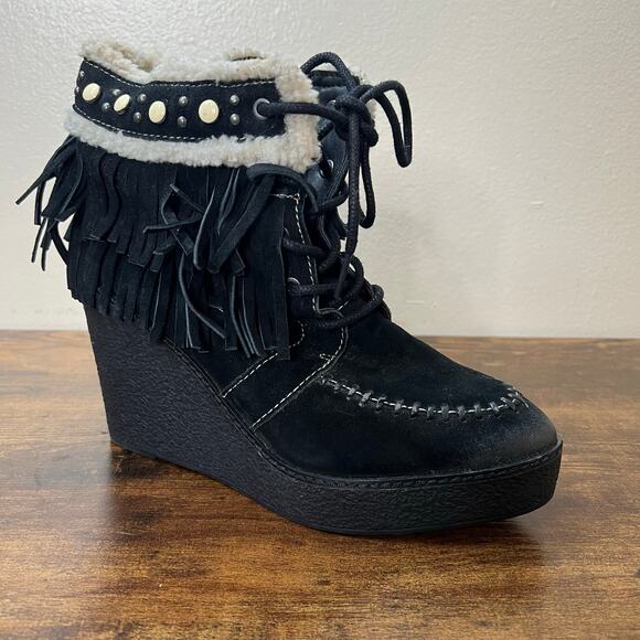 Sam Edelman Kemper Wedge Boots 10 Womens Leather Fringe Faux Shearling Lace Up - Picture 1 of 12